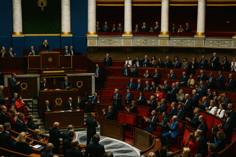 Débat animé dans l’hémicycle de l’Assemblée nationale française, avec les députés réunis autour de la présidence.