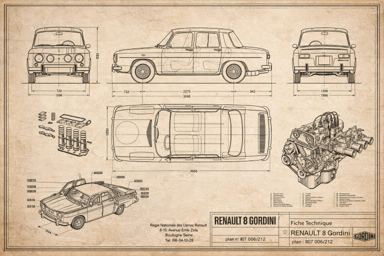 Plan technique ancien de la Renault 8 Gordini montrant les vues de face, de profil, de dessus et l’architecture mécanique