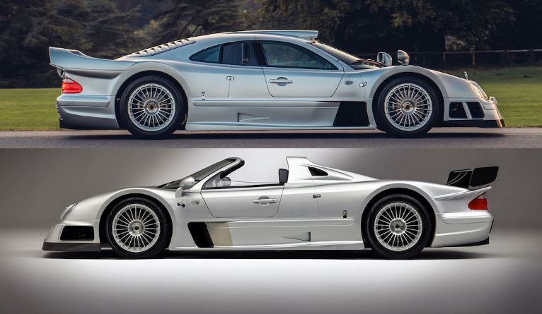 Mercedes CLK GTR coupé et roadster en profil, supercar extrême dérivée de la compétition GT1