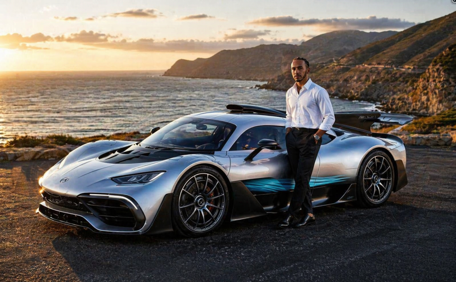 Hypercar Mercedes AMG One argent garée en bord de mer avec Lewis Hamilton