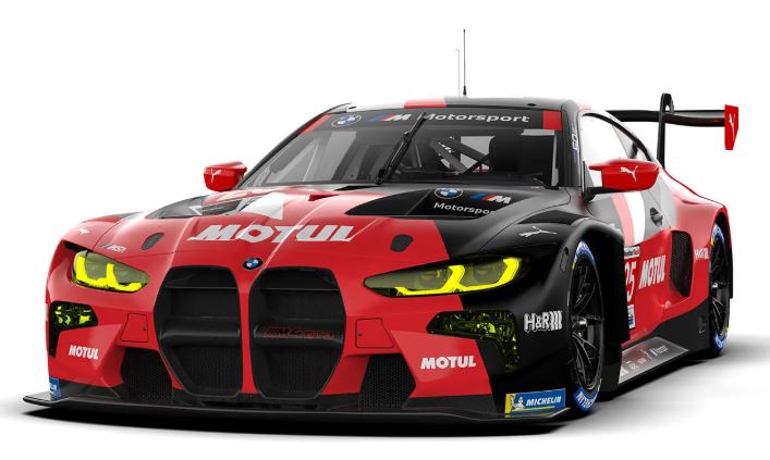 BMW M4 GT3 rouge en configuration client racing, GT de compétition développée par BMW Motorsport