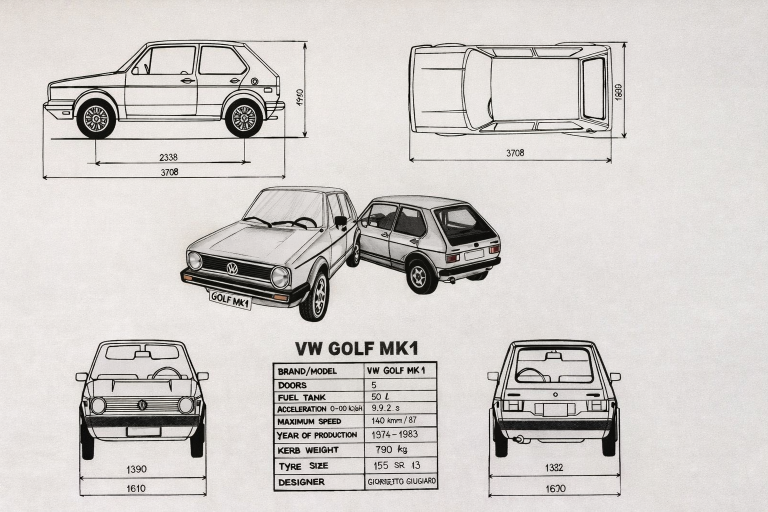 Plan technique de la Volkswagen Golf GTI Mk1 avec vues de profil, dessus, face et dimensions cotées.