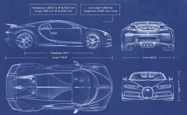 Plan technique de la Bugatti Tourbillon présentant les vues de profil, de dessus, de face et les dimensions principales