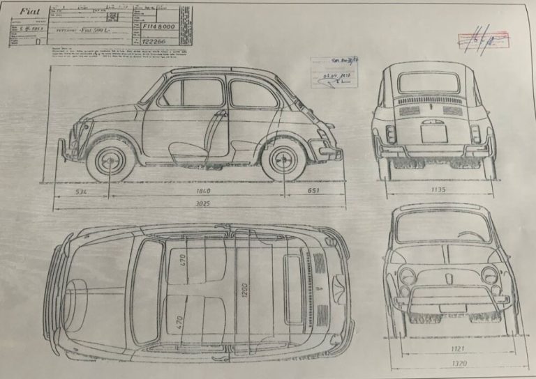 Plan technique d’origine de la Fiat 500 montrant vues de profil, face, arrière et dessus
