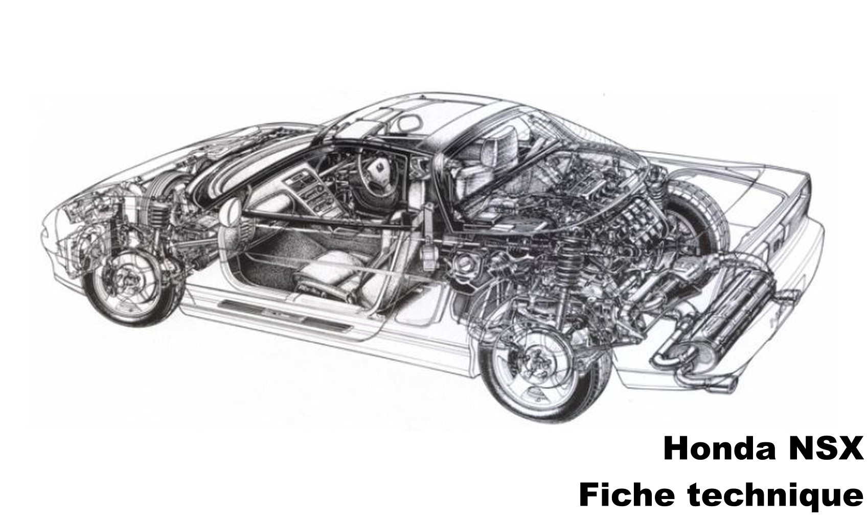 Vue en coupe technique de la Honda NSX montrant le moteur central, le châssis et l’habitacle