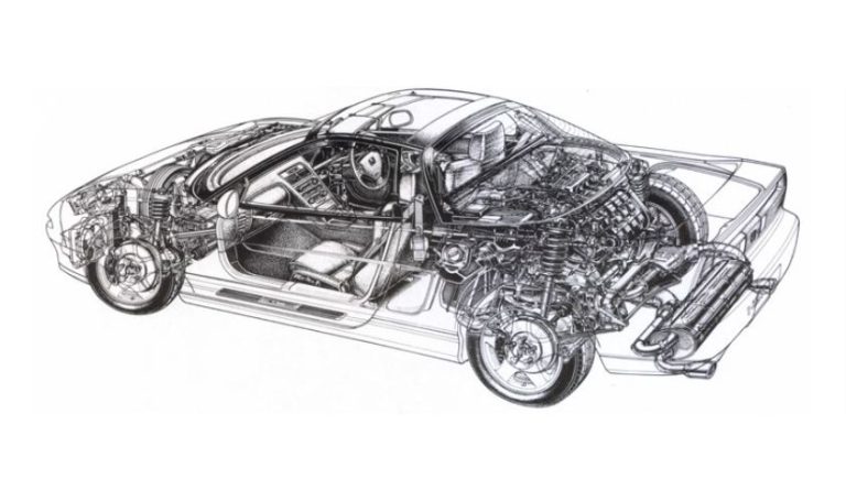 Vue en coupe technique de la Honda NSX montrant le moteur central, le châssis et l’habitacle