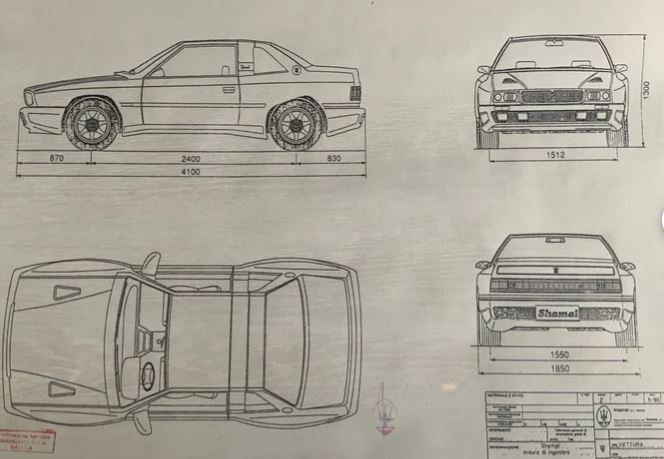 Plan technique de la Maserati Shamal montrant vues de profil, face, arrière et dessus avec dimensions.