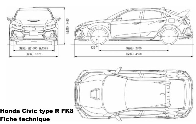 Schéma technique Honda Civic Type R FK8 montrant vues avant, profil et dessus avec dimensions