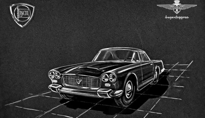 Dessin de présentation de la Lancia Flaminia Touring GT Superleggera, grand coupé italien des années 60.