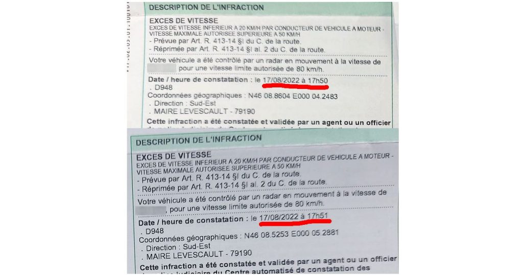 voiture radar: flashé deux fois à une minute d'intervalle