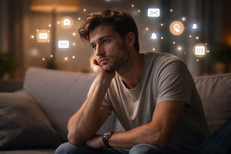 Épuisement moderne, homme pensif entouré de notifications numériques dans un salon calme