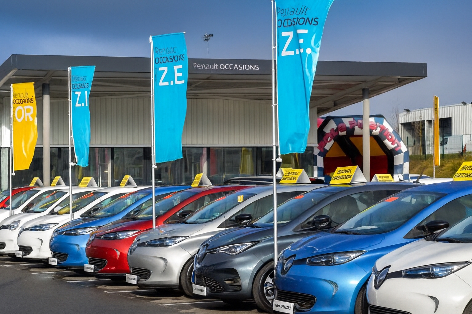 Parc de voitures électriques d’occasion Renault alignées devant un centre Renault Occasions, avec plusieurs couleurs de carrosserie et drapeaux Z.E.