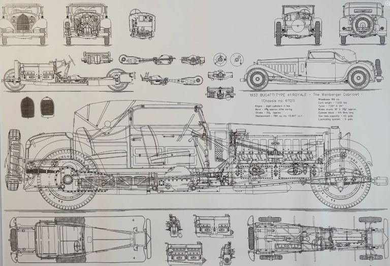 Plan technique détaillé de la Bugatti Royale montrant le châssis, le moteur huit cylindres et les vues de profil