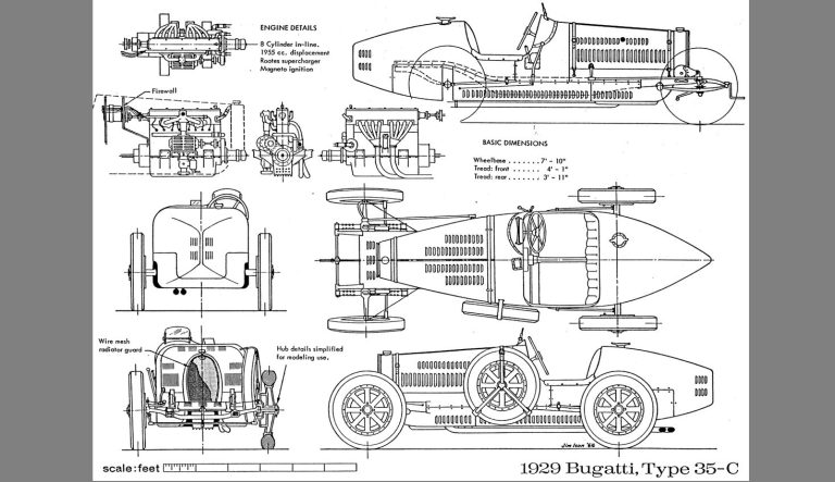 Plan technique détaillé de la Bugatti Type 35 montrant le châssis, le moteur huit cylindres et les vues de profil