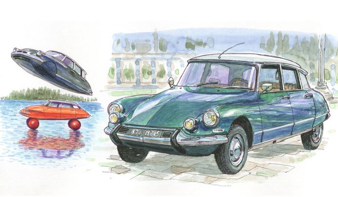 Illustration aquarelle de la Citroën DS avec son design futuriste et sa silhouette aérodynamique