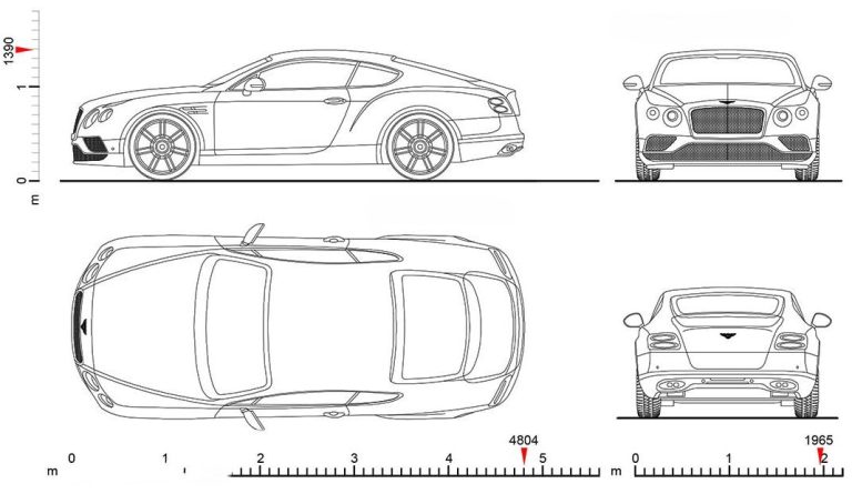 Plan technique de la Bentley Continental GT montrant les vues de profil, face, dessus et arrière avec les dimensions