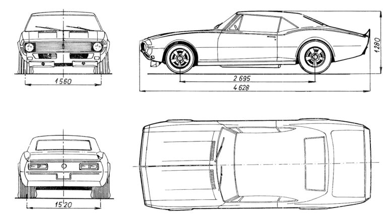 Plan de dimensions de la Chevrolet Camaro SS 1967-1969 avec vues avant, profil, arrière et dessus