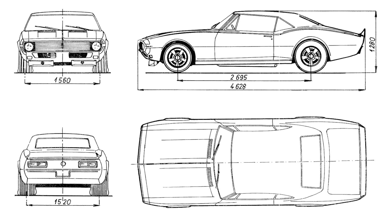 Plan de dimensions de la Chevrolet Camaro SS 1967-1969 avec vues avant, profil, arrière et dessus