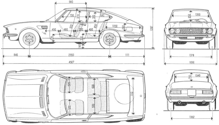 Plan de dimensions de la Fiat Dino Coupé 2.0 montrant les vues de profil, de dessus, de face et d’arrière avec les principales cotes