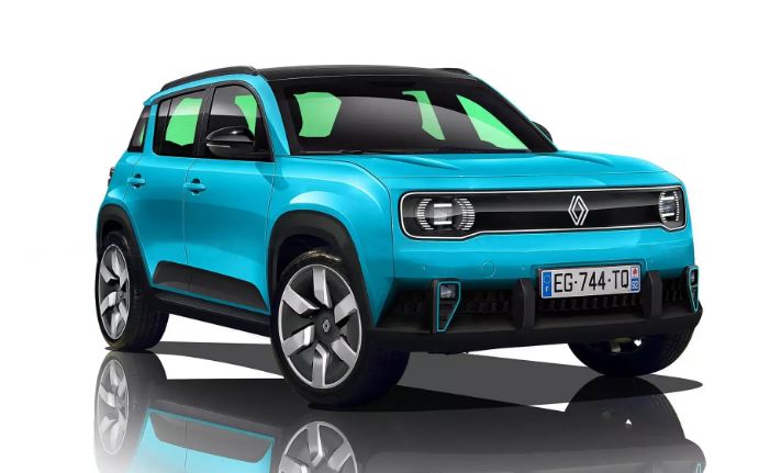 Renault 4 électrique moderne en bleu, réinterprétation contemporaine de la 4L historique