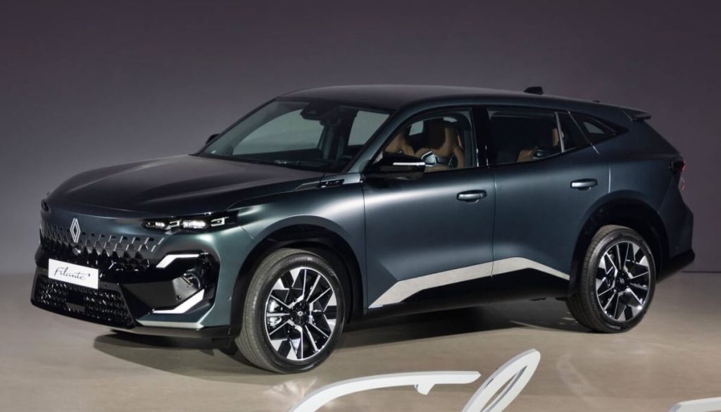 Renault Filante couleur anthracite présentée en studio, vue avant trois quarts avec signature lumineuse