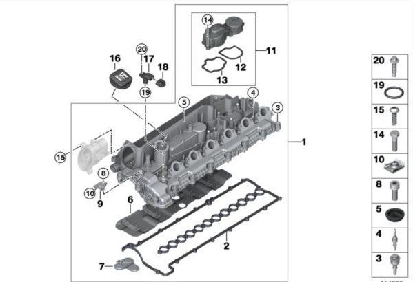 Schéma technique montrant l’emplacement et le type de visserie sur un moteur automobile