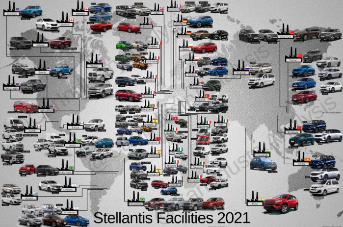 carte des sites de production Stellantis dans le monde, usines et marques du groupe automobile