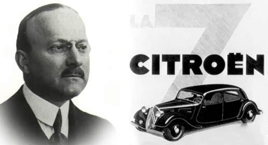 Portrait d’André Citroën accompagné d’une illustration de la Citroën Traction Avant