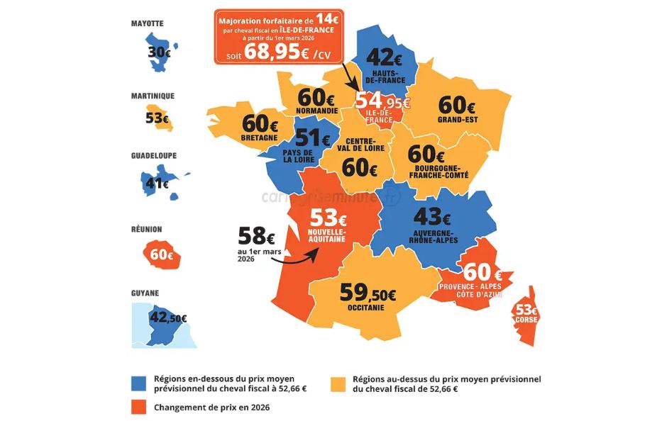 Carte de France du prix du cheval fiscal après augmentation carte grise 2026