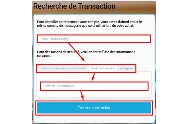Formulaire en ligne demandant adresse e-mail, numéro de commande et données de carte pour retrouver un achat