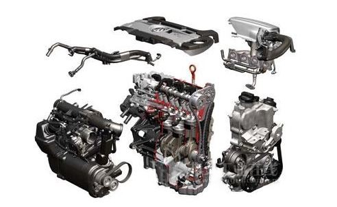 Vue éclatée d’un moteur downsizé Volkswagen montrant turbo et composants internes