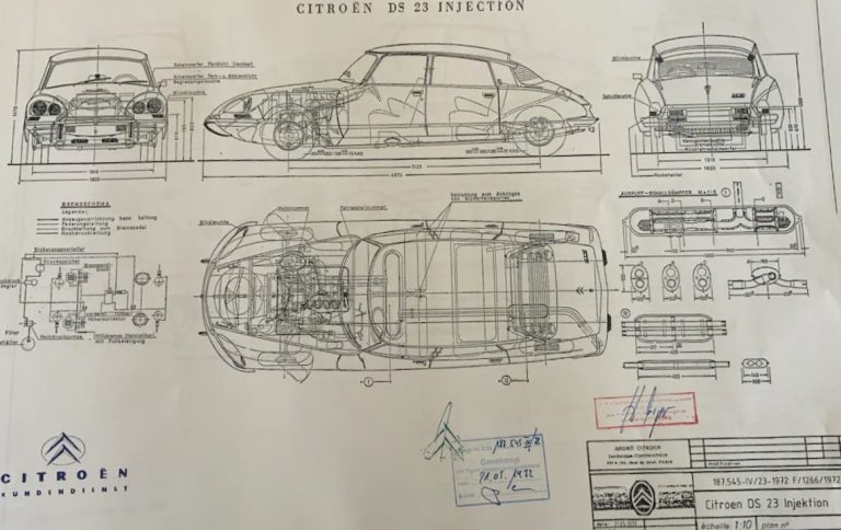 Plan technique Citroën DS 23 IE montrant châssis, moteur et implantation mécanique