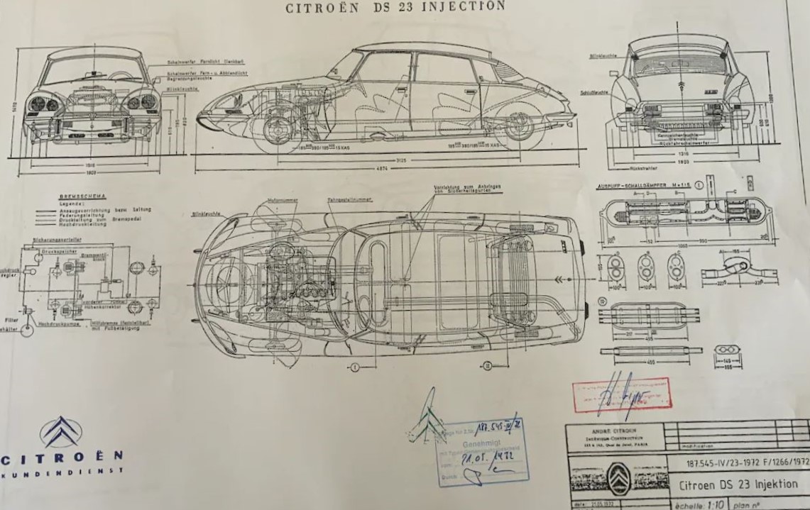 Plan technique Citroën DS 23 IE montrant châssis, moteur et implantation mécanique