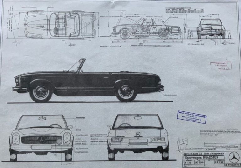 Plan d’encombrement d’origine de la Mercedes 280 SL Pagode avec vues multiples, cotes et tampons du bureau d’études