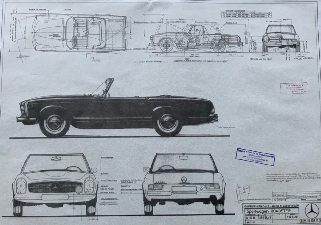 Plan d’encombrement d’origine de la Mercedes 280 SL Pagode avec vues multiples, cotes et tampons du bureau d’études