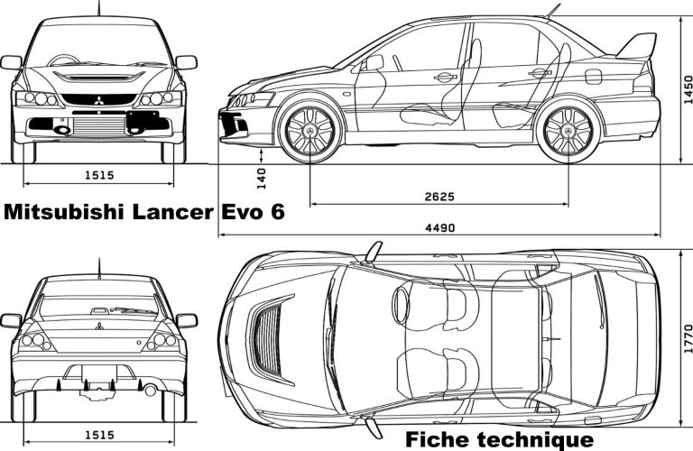 Schéma technique de la Mitsubishi Lancer Evolution VI avec vues multiples et cotes principales