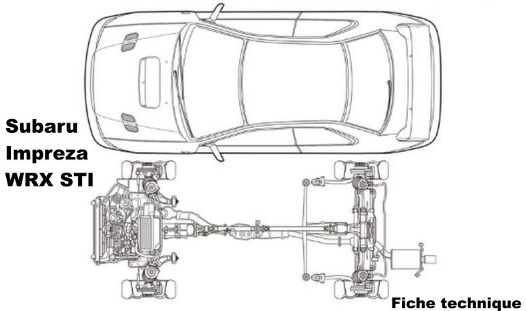 Dessin technique de la Subaru Impreza WRX STI GC8 avec vue de dessus et transmission