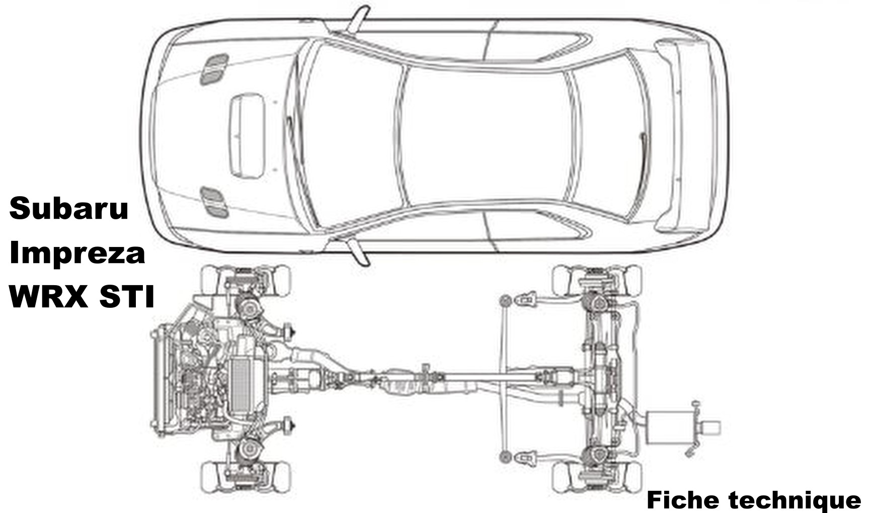 Dessin technique de la Subaru Impreza WRX STI GC8 avec vue de dessus et transmission