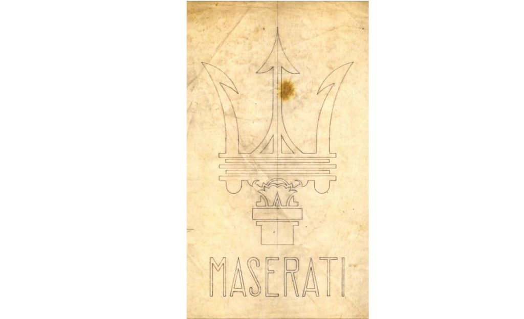 Dessin original du logo Maserati inspiré du trident de Neptune à Bologne
