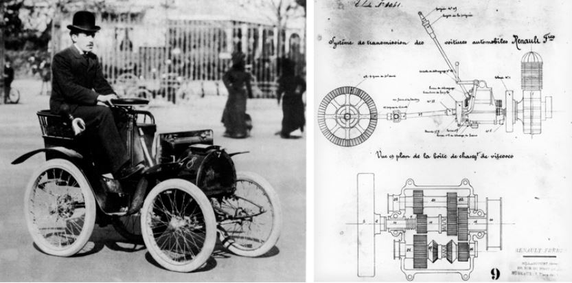 Louis Renault et plans techniques de la boîte de vitesses à trois rapports développée par Renault