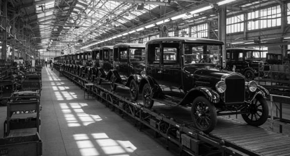 Chaîne de production automobile au début du XXe siècle illustrant la production de masse