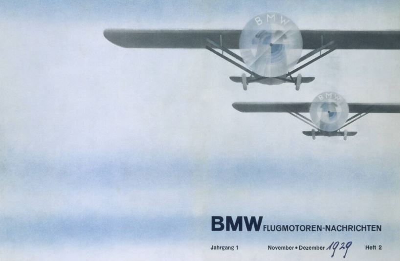Publicité BMW 1929 illustrant le logo BMW dans une hélice d’avion en rotation