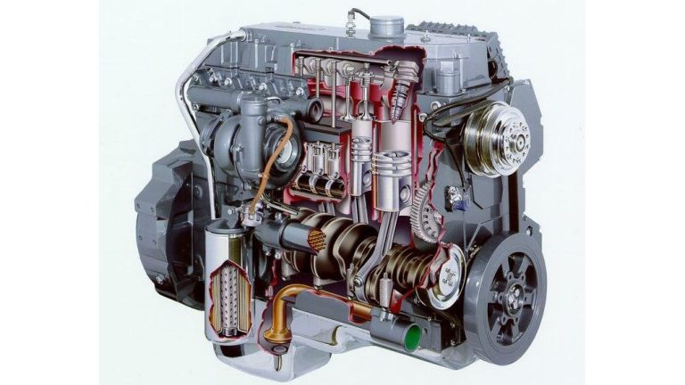Éclaté complet d’un moteur diesel montrant pistons, vilebrequin et culasse