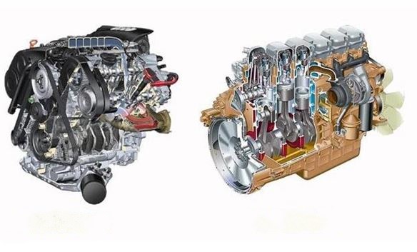 Vue éclatée d’un moteur essence et d’un moteur diesel montrant pistons, vilebrequin et culasse