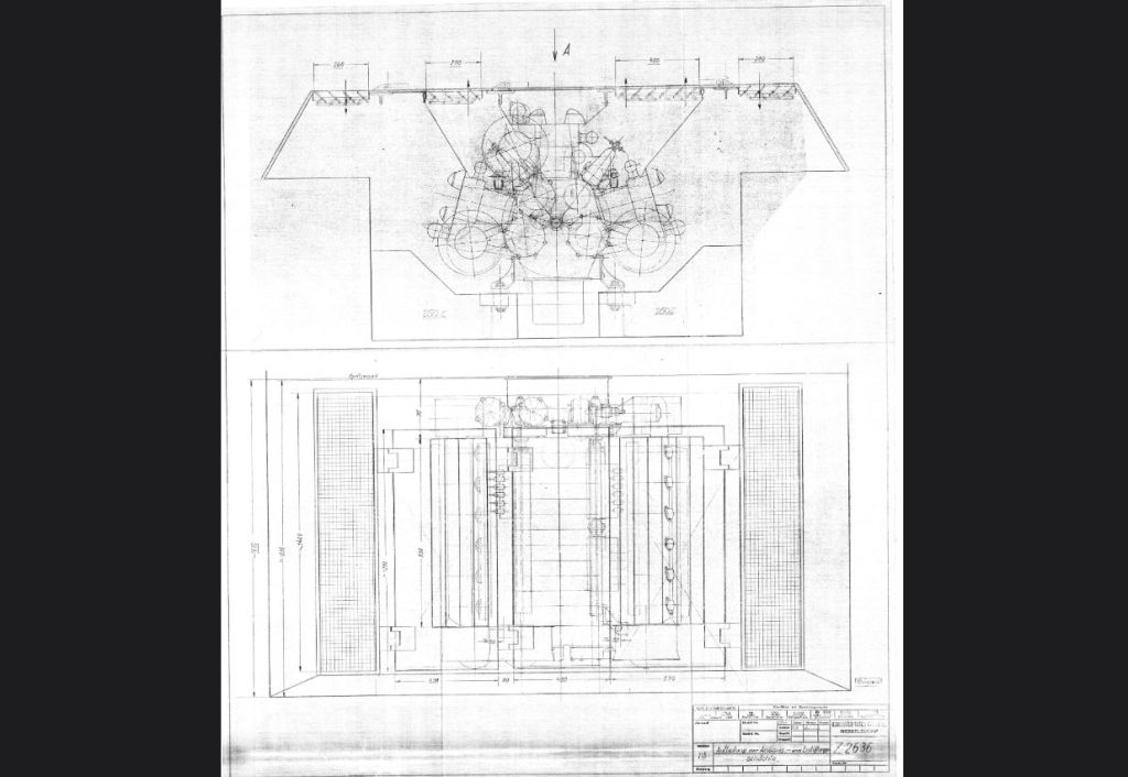 Plan technique d’encombrement du moteur Tatra V955 montrant l’architecture W18 et les volumes du bloc
