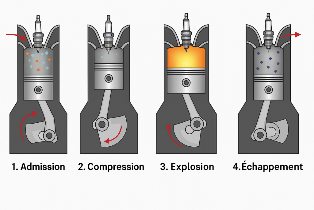 Illustration des qutre temps d'un moteur à explosion