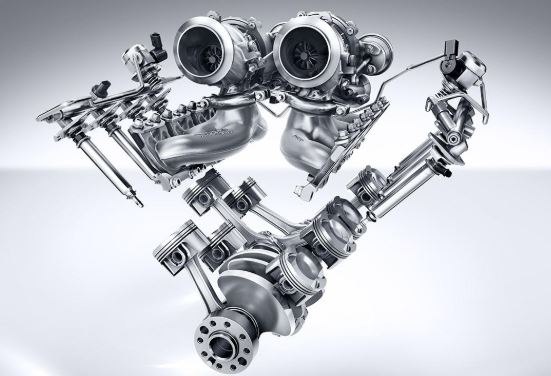 Vue éclatée d’un moteur V avec double turbocompresseur et pistons apparents