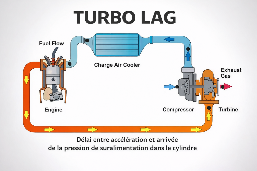 Schéma illustrant le turbo lag et le délai entre accélération et suralimentation