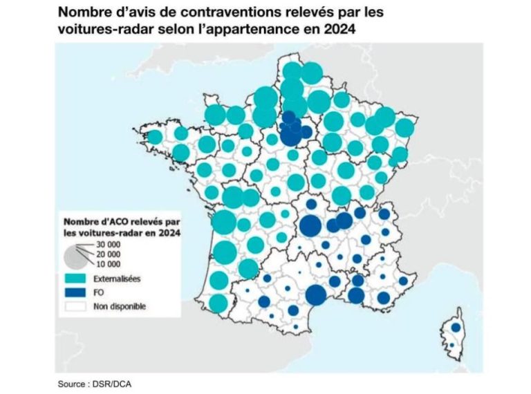 Carte France 2024 des avis de contravention relevés par les voitures radars
