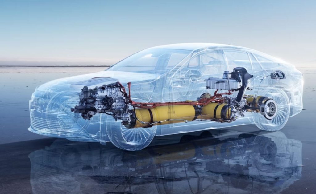 Vue transparente d’une voiture à hydrogène montrant les réservoirs et la chaîne de traction électrique